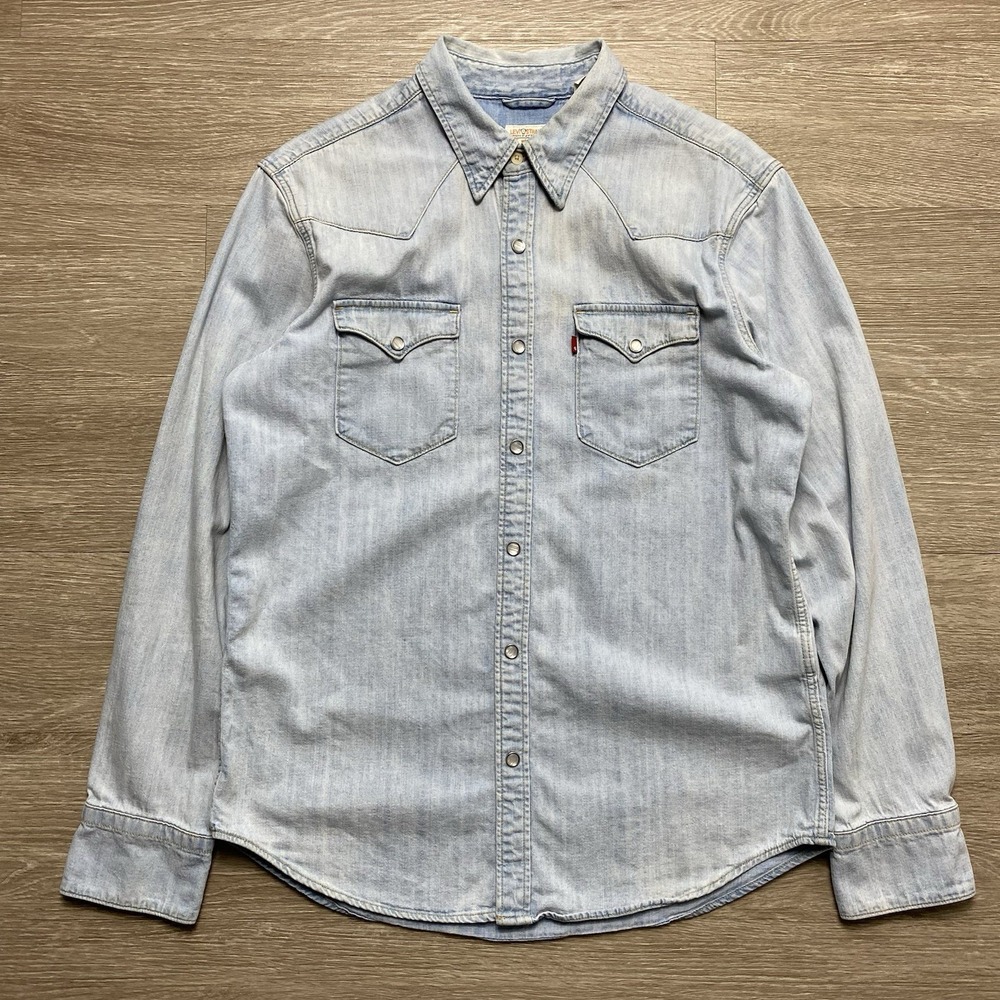 Levi's Barstow Western Pearl Snap Denim Shirt Men's M Blue Cowboy Rodeo READ